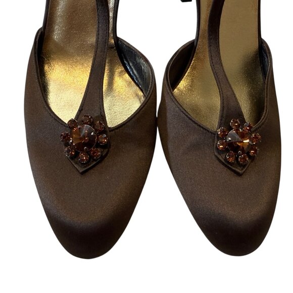 Stuart Weitzman Brown Satin Swarovski Crystal Embellished T-Strap Heels size 9.5 - Picture 3 of 10